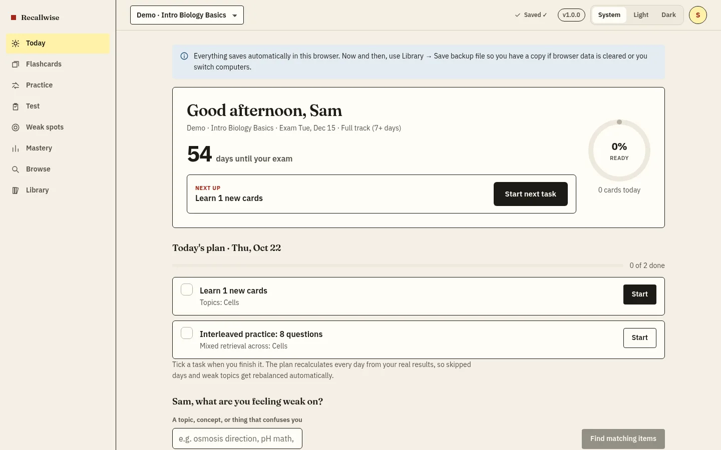 Screenshot of the Recallwise Today screen on a laptop, with the study plan and next task