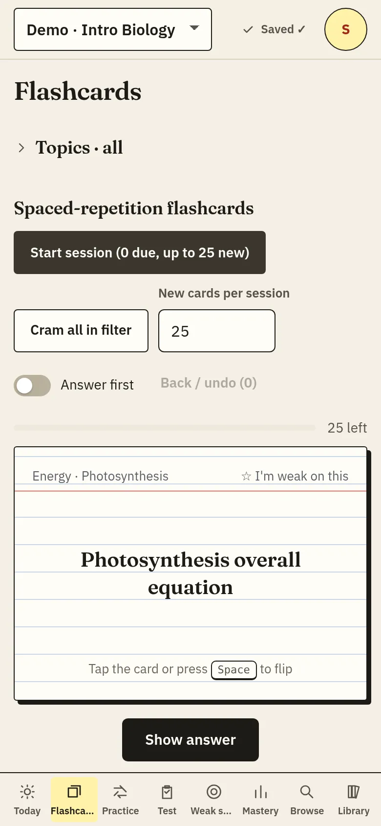 Screenshot of a Recallwise flashcard session on a phone